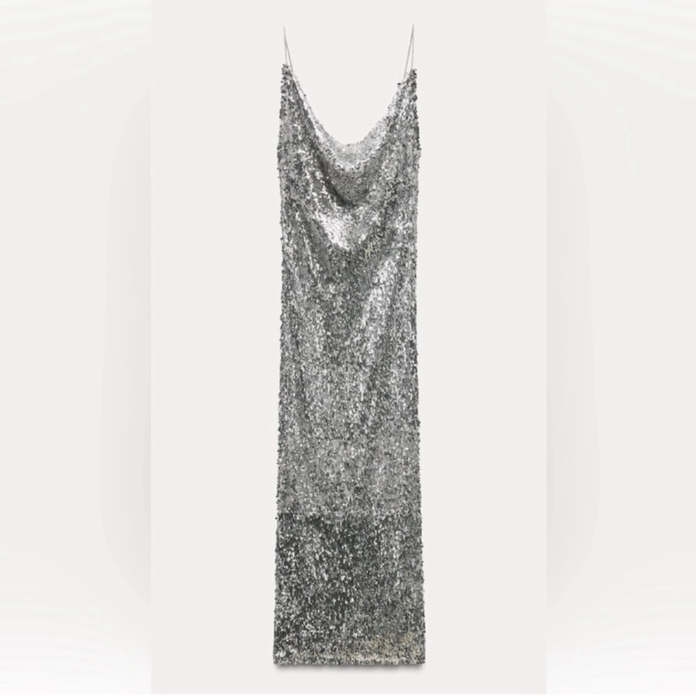 NWT Zara Silver Sequin Maxi Dress Size S - Picture 4 of 16